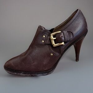 Brown Leather Gold Buckle Heeled Ankle Boo…